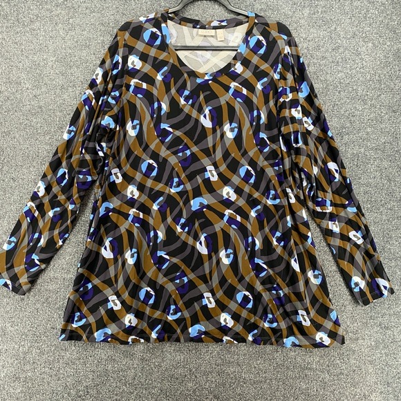 LOGO by Lori Goldstein Tops - LOGO Lori Goldstein Tunic Top Womens XL Blue Brown Geometric Lagenlook Hippie‎